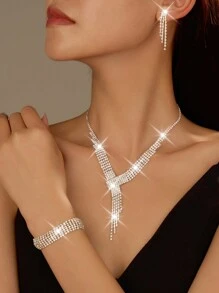 3 件/套水钻流苏吊坠项链和耳环，带爪链、手链 - 时尚首饰套装 - 适合女性日常穿着、婚礼、派对等。 - 白色 - 查看 1