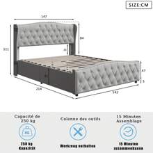 Rosahqnda Upholstered Bed 140x200cm, Double Bed, Hydraulically Adjustable Functional Bed, Bed Frame With Storage Space For Bedroom, Guest Bed, Flannel Grey, Without Mattress - 灰色 - 查看 7