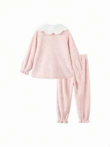 Balabala Girls' Sleepwear Set, Winter Warm Children's Loungewear, Coral Fleece for Toddlers to Big Kids, Petal Collar - 紅色 - 查看 3