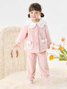 Balabala Girls' Sleepwear Set, Winter Warm Children's Loungewear, Coral Fleece for Toddlers to Big Kids, Petal Collar - 紅色 - 查看 4