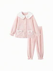 Balabala Girls' Sleepwear Set, Winter Warm Children's Loungewear, Coral Fleece for Toddlers to Big Kids, Petal Collar - 紅色 - 查看 2
