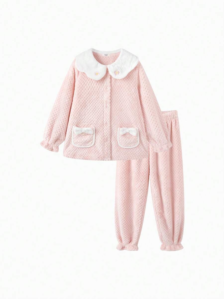 Balabala Girls' Sleepwear Set, Winter Warm Children's Loungewear, Coral Fleece for Toddlers to Big Kids, Petal Collar