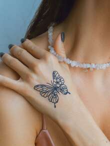 4pcs Herbal Juice Semi-Permanent Minimalist Tattoos, Elegant Butterfly & Floral Patterns, 7-14 Days Lasting, Waterproof, Suitable For Arm, Ankle, Ear, Shoulder, Neck, Collarbone - Blue - View 3
