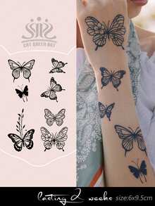 4pcs Herbal Juice Semi-Permanent Minimalist Tattoos, Elegant Butterfly & Floral Patterns, 7-14 Days Lasting, Waterproof, Suitable For Arm, Ankle, Ear, Shoulder, Neck, Collarbone - Blue - View 1