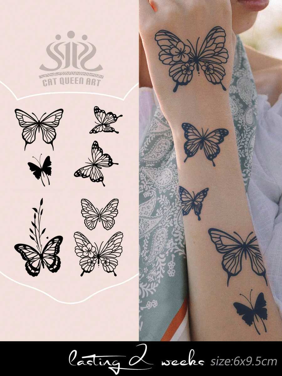 4pcs Herbal Juice Semi-Permanent Minimalist Tattoos, Elegant Butterfly & Floral Patterns, 7-14 Days Lasting, Waterproof, Suitable For Arm, Ankle, Ear, Shoulder, Neck, Collarbone - Blue - View 1