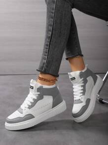 Fashionable, Breathable Thick-Soled Mid-Top Sneakers, Korean Style Leather Casual Vulcanize Shoes, Increase Height, Sports Sneakers, Skate Shoes, For Spring & Autumn - Grey - View 2