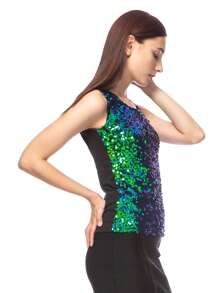 Womens Sequin Metallic Sparkly Cocktail Party Sleeveless Tank Top - 綠色 - 查看 2