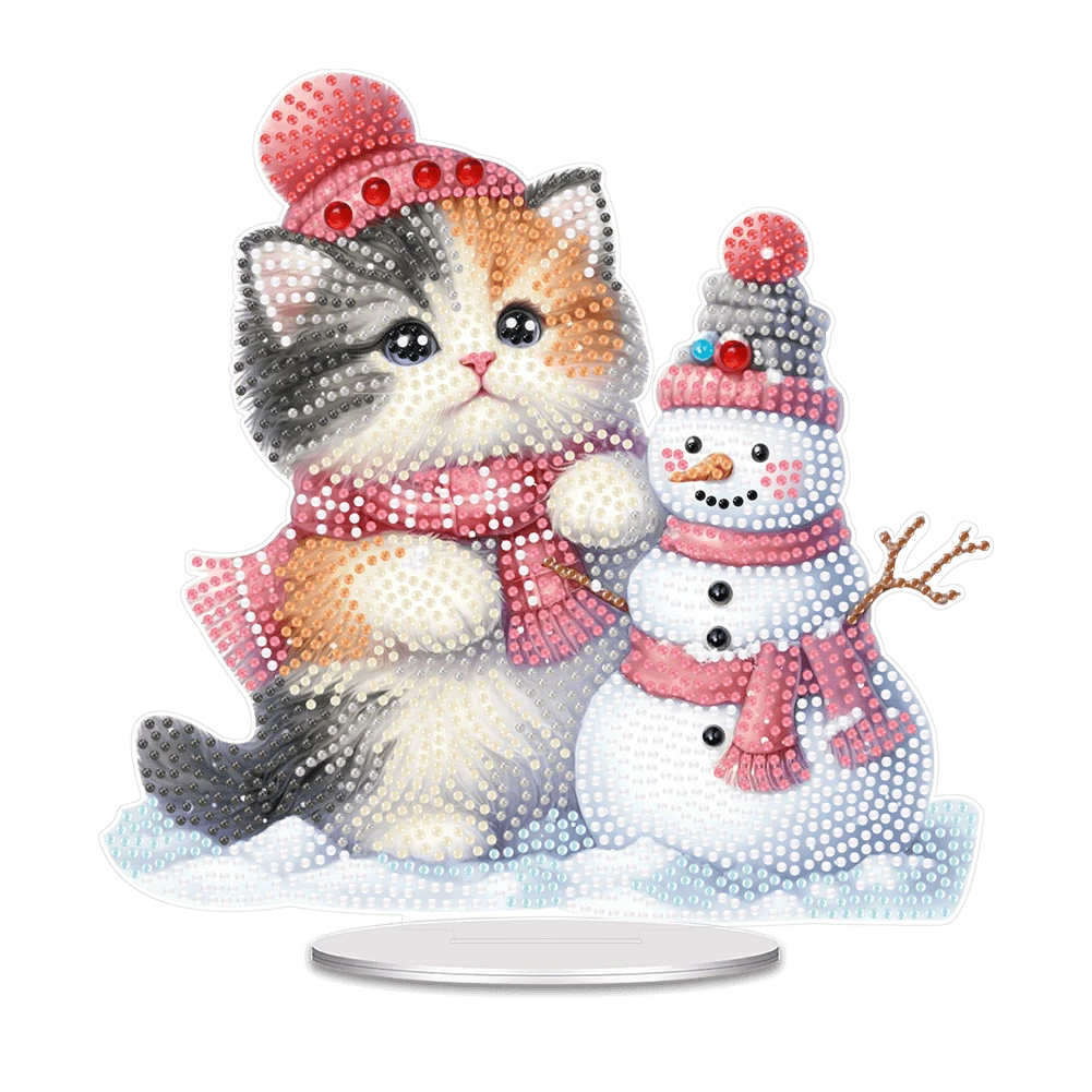 圣诞雪人与猫钻石画桌面套装 5D DIY 钻石艺术桌面装饰宝石镶嵌工艺品家居卧室桌面装饰 - 彩色 - 查看 1