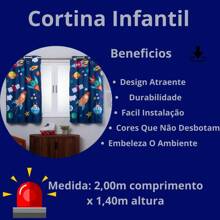 Cortina Quarto Infantil Criança Menino Menina Pequena 2,00x1,40 Ilhos Cromado Astronauta Azul Marinho