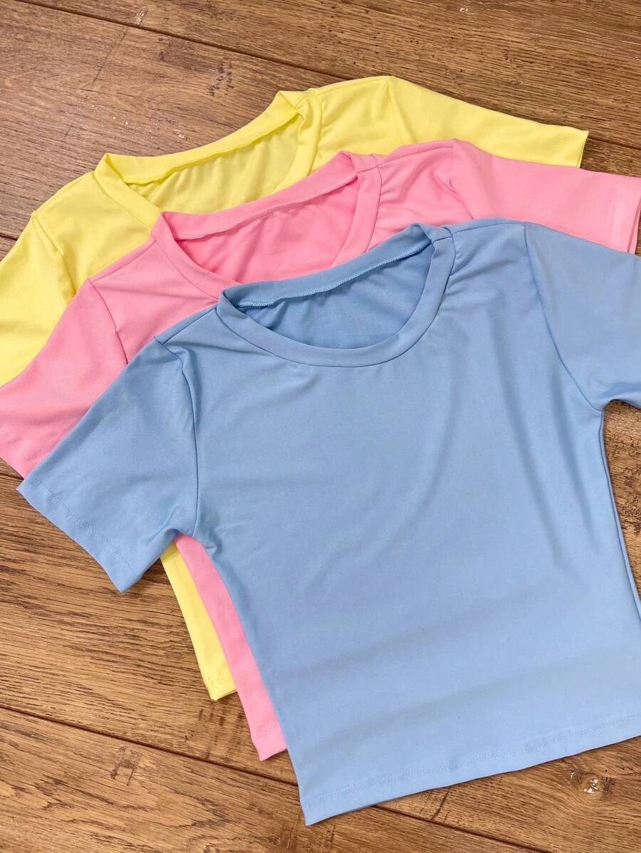 Cropped basico camiseta manga curta feminino casual kit com 3 - Multicolorido - Visão 1