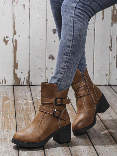Women Classic Fashion High Heel Black Ankle Boots With Double Buckle Decor, Versatile & Minimalistic