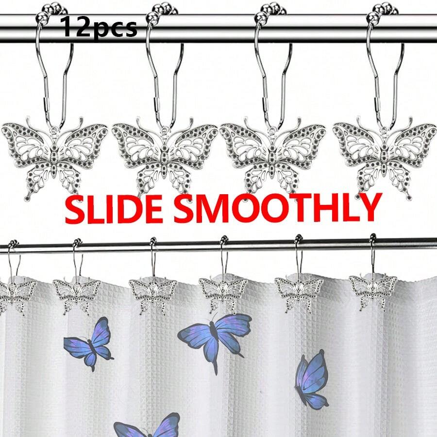 12 Butterfly Shower Curtain Hooks With Ball Bearings. Features Waterproof, Rust-Resistant Metal Rings For Easy And Secure Installation. Ideal For Bathroom, Bedroom, And Kitchen Accessories. Create Personalized Christmas Gifts-Perfect For Last-Minute Presents Or Holiday Decor. Discover Creative Inspiration, Handmade Christmas Cards, Trending Gift Recommendations, And Curated Holiday Gift Selections. - Chrome - View 1