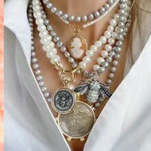 Funky Jewelry Luxury Chunky Gold Color Christ Glass Pearl Cross Charm Pendant Toggle Clasp Necklace Statement Gift Vintage Chain Jewelry ( Each Item Back Is Different )