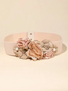 1pc Women Elastic Waist Belt With Faux Lace & Faux Pearl Flower Decor, Vacation Inspired Summer, School Fall, Autumn, Halloween