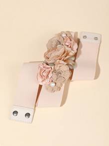 1pc Women Elastic Waist Belt With Faux Lace & Faux Pearl Flower Decor, Vacation Inspired Summer, School Fall, Autumn, Halloween