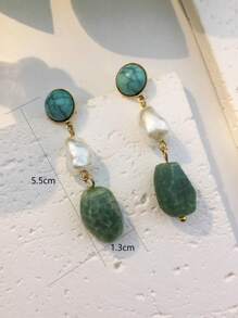 1pair Women's Fashion Bohemian Simulated Turquoise & Cracked Texture Resin Asymmetrical Faux Pearl Pendant Earrings