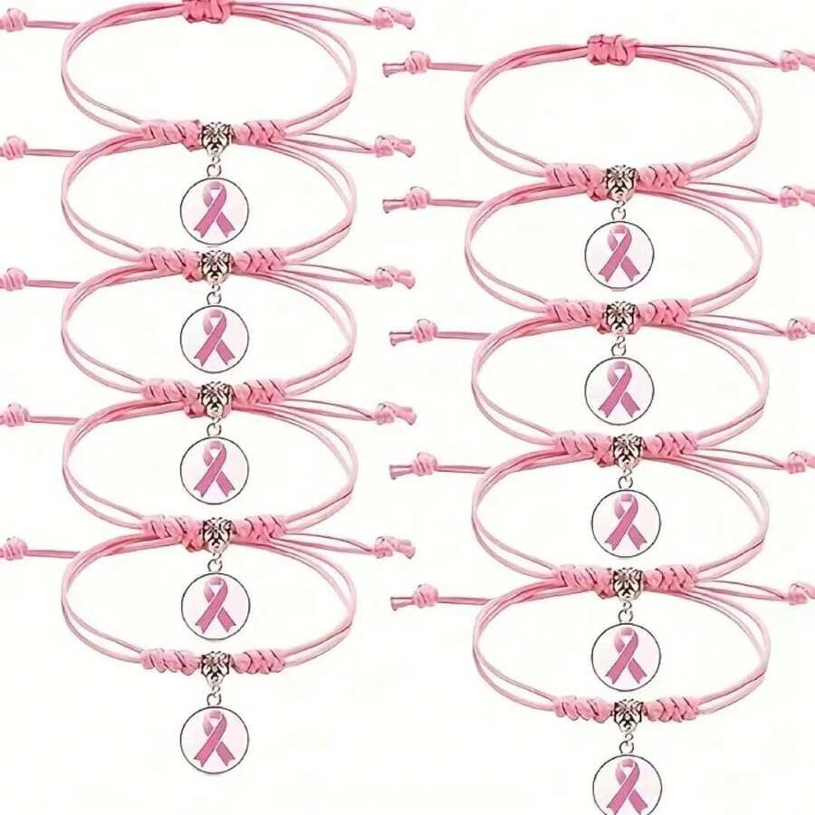10/5/1 件粉红丝带编织乳腺癌宣传手链 - 可调节女士珠宝包乳腺癌宣传月支持礼物 - 手繩 - 查看 1