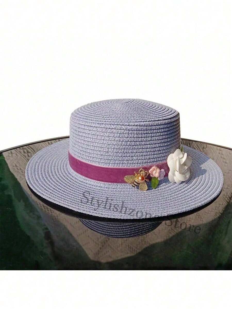 Women's Summer Straw Hat Diy French Flat Top Flower Straw Hat Beach Sun