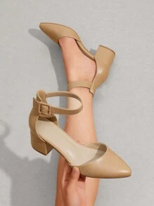 Women Low Chunky Heels Classic Pumps Pointed Toe Ankle Strap Elegant Versatile Simple Weddings Work Shoes - 杏色 - 查看 3