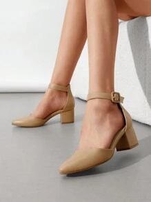 Women Low Chunky Heels Classic Pumps Pointed Toe Ankle Strap Elegant Versatile Simple Weddings Work Shoes - 杏色 - 查看 1