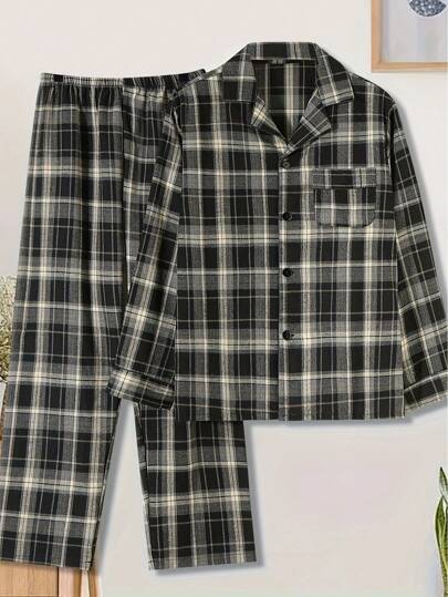 Tjockt varma pyjamasset för män, långärmad skjorta och långbyxor för höst/vinter