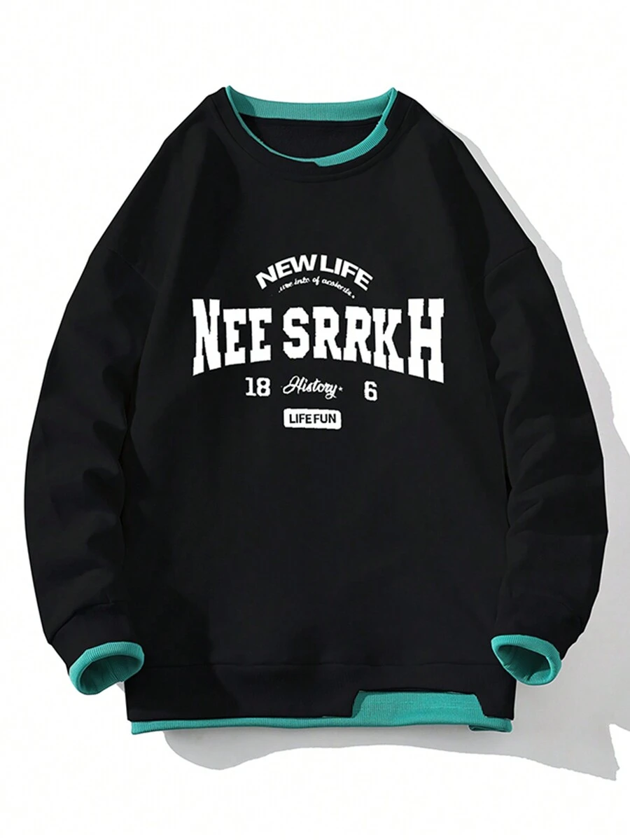 1pc Men Sweatshirt - Solid Color Pullover Style, Polyester Fabric, Casual Letter Print Top, Suitable For Outdoor, Campus, Daily Wear, Fall