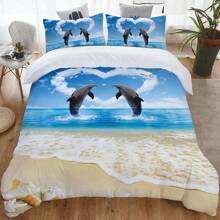 3 Stücke Delfin Seestern Muschel Strand Motiv einfaches 3D Druck Tagesdecken Set, weich, bequem und warm, 1 Tagesdecke + 2 Kissenbezüge, ohne Decke und Kissen, geeignet für alle Jahreszeiten, maschinenwaschbar Bettwäsche Set - Verschiedenfarbig - Übersicht 2