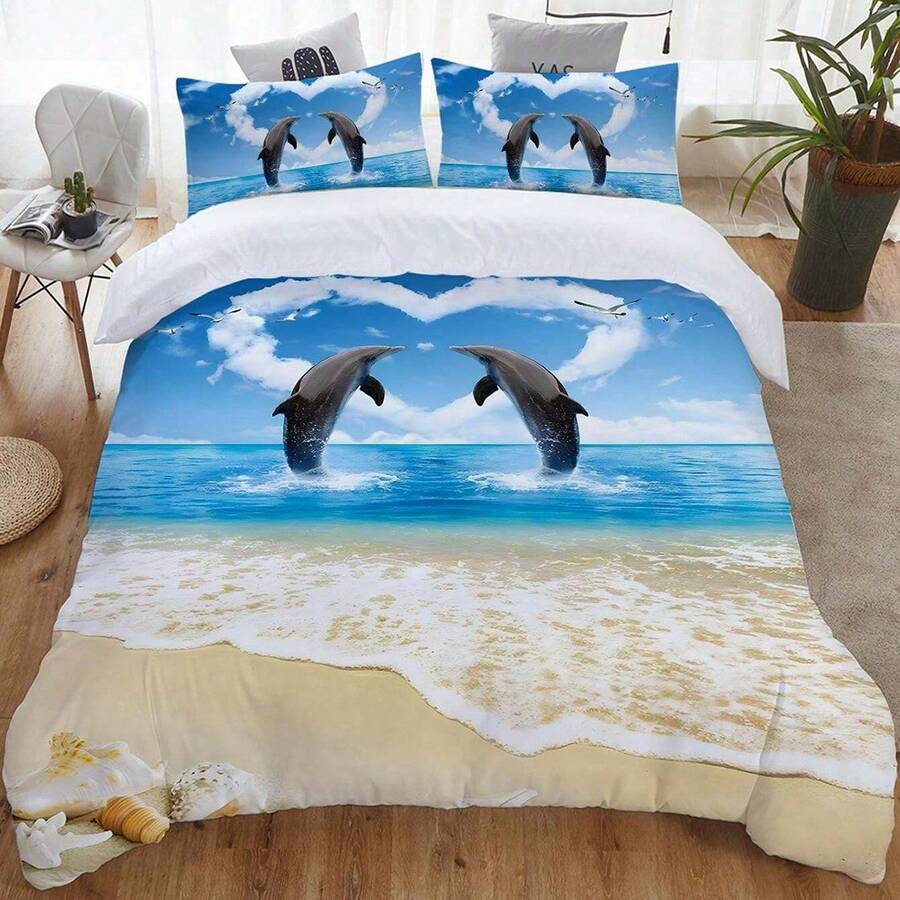 3 Stücke Delfin Seestern Muschel Strand Motiv einfaches 3D Druck Tagesdecken Set, weich, bequem und warm, 1 Tagesdecke + 2 Kissenbezüge, ohne Decke und Kissen, geeignet für alle Jahreszeiten, maschinenwaschbar Bettwäsche Set