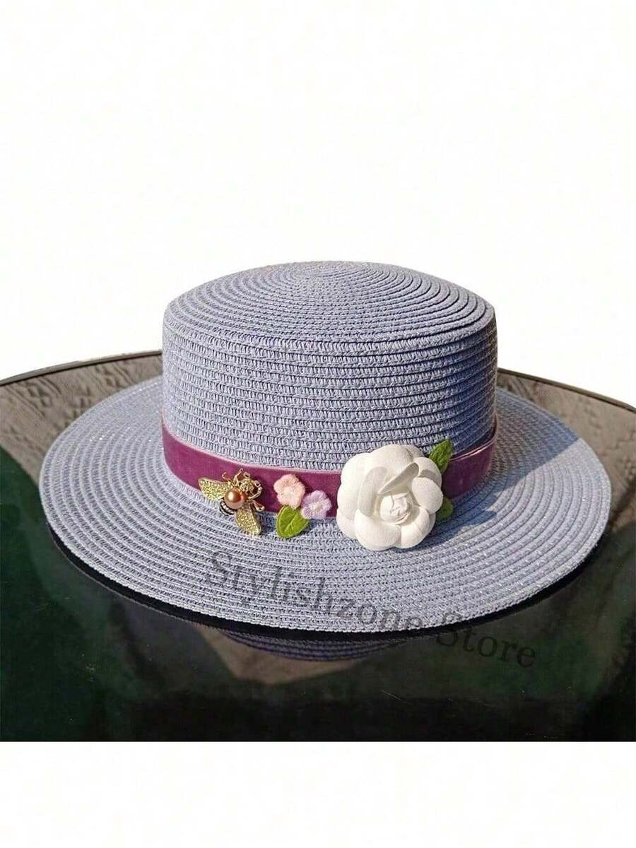 Women's Summer Straw Hat Diy French Flat Top Flower Straw Hat Beach Sun