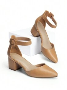 Women Low Chunky Heels Classic Pumps Pointed Toe Ankle Strap Elegant Versatile Simple Weddings Work Shoes - 杏色 - 查看 2