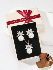 Bộ trang sức ngọc trai Zirconia thanh lịch 3 món, Hoa tai hình giọt nước, Bộ vòng cổ hình giọt nước có/không có hộp quà, Quà tặng cô dâu, Quà tặng cho mẹ, Hộp quà Giáng sinh Quà tặng Giáng sinh - đặt kèm hộp - Xem 4