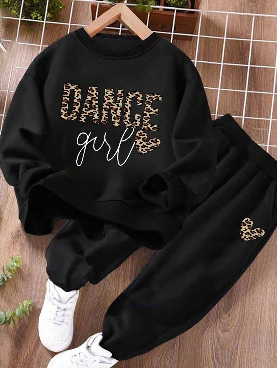 2pcs/Set Leopard Print Heart Graphic Sporty Set For Teens, Loose Sweatshirt & Casual Pants, With Pockets, Fashionable For Autumn - Black - View 1