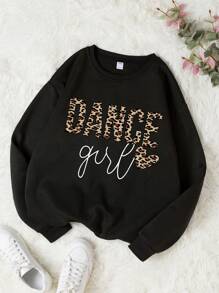 2pcs/Set Leopard Print Heart Graphic Sporty Set For Teens, Loose Sweatshirt & Casual Pants, With Pockets, Fashionable For Autumn - Black - View 2