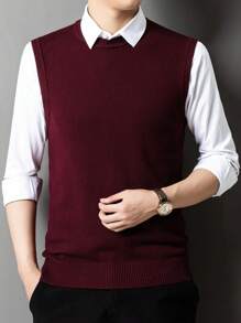 男士圆领纯色针织毛衣背心，秋冬 - 酒紅色 - 查看 1