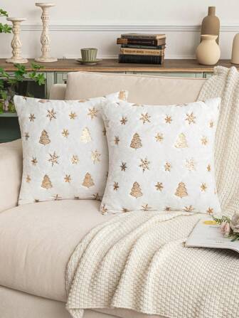 1pc Sequined Snowflake & Christmas Tree Printed Polyester Pillowcase
