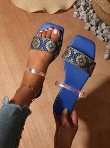 1 par de sandálias femininas minimalistas casuais, para casa, feriados, festas, tom de metal, cor dourada, tira, sandálias rasteiras - Azul Real - Ver 2