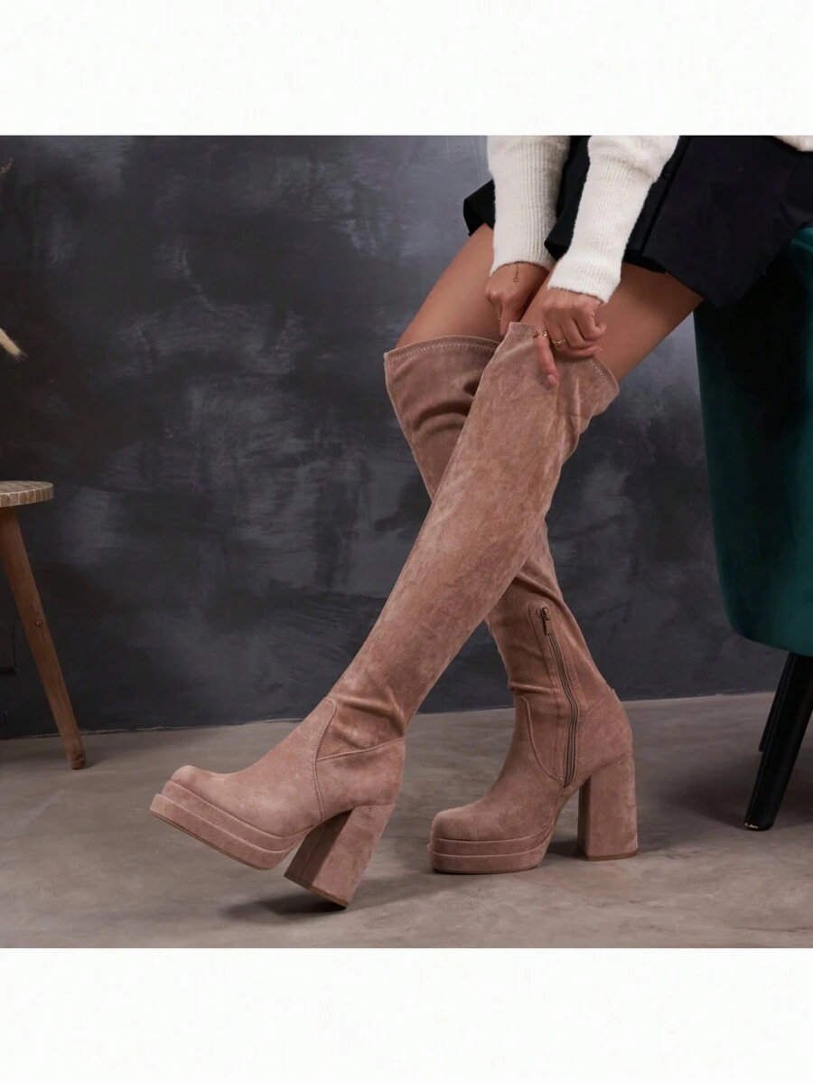 Bottes noires hautes jusqu'aux genoux pour femmes avec un talon épais, - Kaki - Voir 1