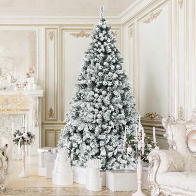 Homasis 6/7.5/9 FT Pre-Lit Christmas Tree Snow Flocked Hinged Pine Tree With Metal Stand Christmas Decorations Home Christmas Gifts Christmas Decor