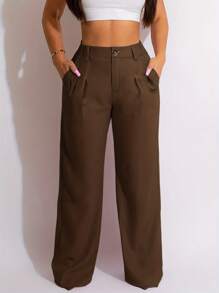 Chicsale Solid Color Casual Fit Trousers, Comfortable And Breathable For Everyday Wear, Women's Wear - 棕色 - 查看 2