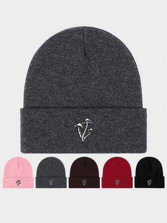 1 st broderad stickad mössa med 3 svampar, köldtålig stickad mössa för utomhusbruk, mångsidig och varm vintermössa lämplig för daglig pendling