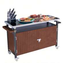 Outdoor Grill Cart With Stainless Steel Tabletop, Storage, Patio Kitchen Island With Wheels, Hooks, And Spice Rack, Waterproof Outdoor Grill Table, Movable BBQ Serving Cart Rolling Bar Cart - 棕色+不鏽鋼+羊毛 - 查看 1
