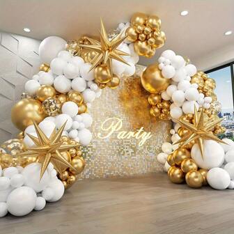 121-Piece Golden And White Balloon Garland Arch Kit For Weddings, Valentine's Day, Birthdays, Baptism - Indoor & Outdoor Aluminum Film & Emulsion Balloon Set For All Seasons