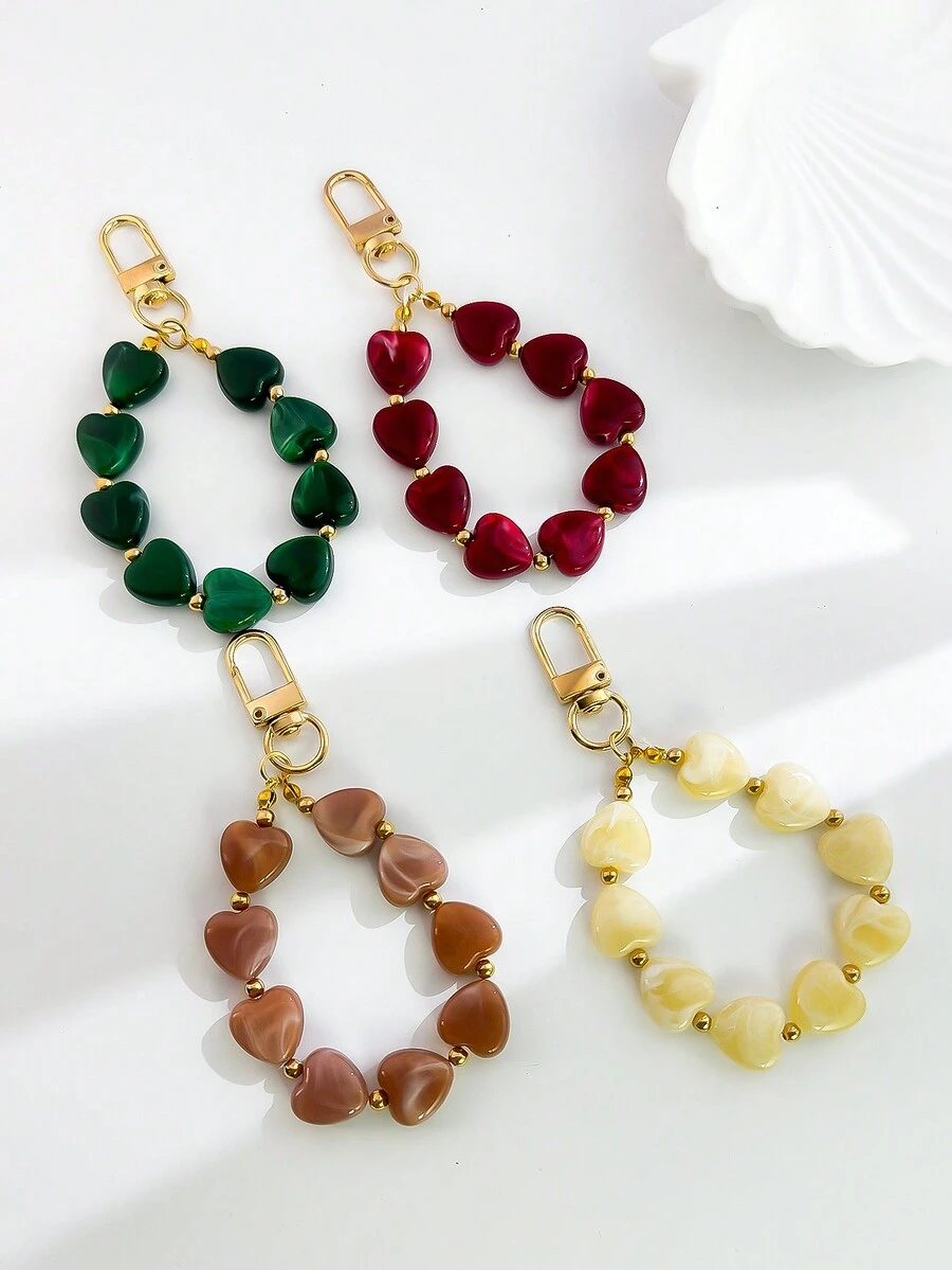 1pc Chic Acrylic Beaded Heart-Shaped Keychain, Fashion Heart Pendant, Earphone Holder, Bag Charm, Phone Hanger Bag Charms Car Accessories Teacher Friend Sister Gift Ideas - Multicolor - View 1