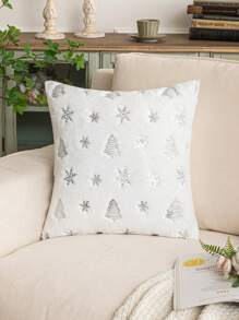 1pc Sequined Snowflake Christmas Tree Polyester Pillow Cover - White - View 2