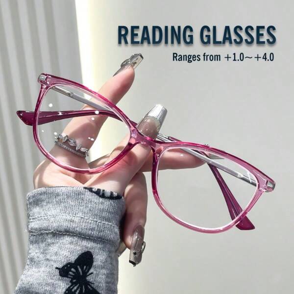 Unisex Reading Glasses, New Fashion Cat Eye Mixed Color Crystal Clear Plastic Frame With Metal Rivet Decor, 3 Colors Available, Spring Hinges, Suitable For Sports, Computer, Daily Wear To Relieve Eye Fatigue, Comfortable Fit For Various Face Shapes. Available In 7 Diopter Options: Pink, Green, Brown
