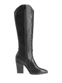 Embroidered Western Cowboy Boots For Women, Pull On Zipper Chunky Heel Pointed Toe Comfortable Classic Cowgirl Knee High Boots - 黑色 - 查看 6