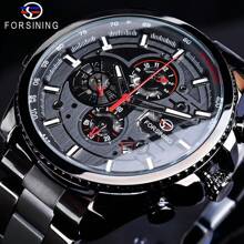 FORSINING Forsining Sport Male Clock Three Dial Calendar Display Black Stainless Steel Men Automatic Wrist Watch Top Brand Luxury Military