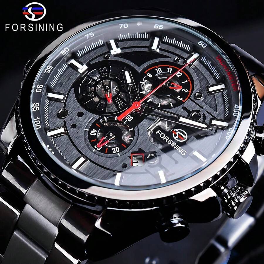 FORSINING Forsining Sport Male Clock Three Dial Calendar Display Black Stainless Steel Men Automatic Wrist Watch Top Brand Luxury Military
