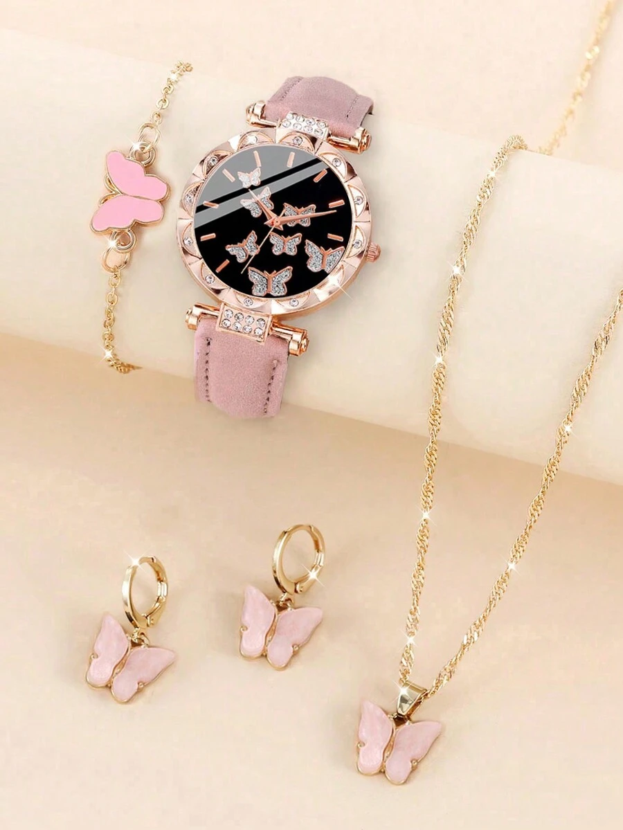 Bộ 5 đồng hồ đeo tay kỹ thuật số hình con bướm bằng da và vòng cổ, khuyên tai, vòng tay, trang sức làm quà tặng cho trẻ em - Hồng - Xem 1