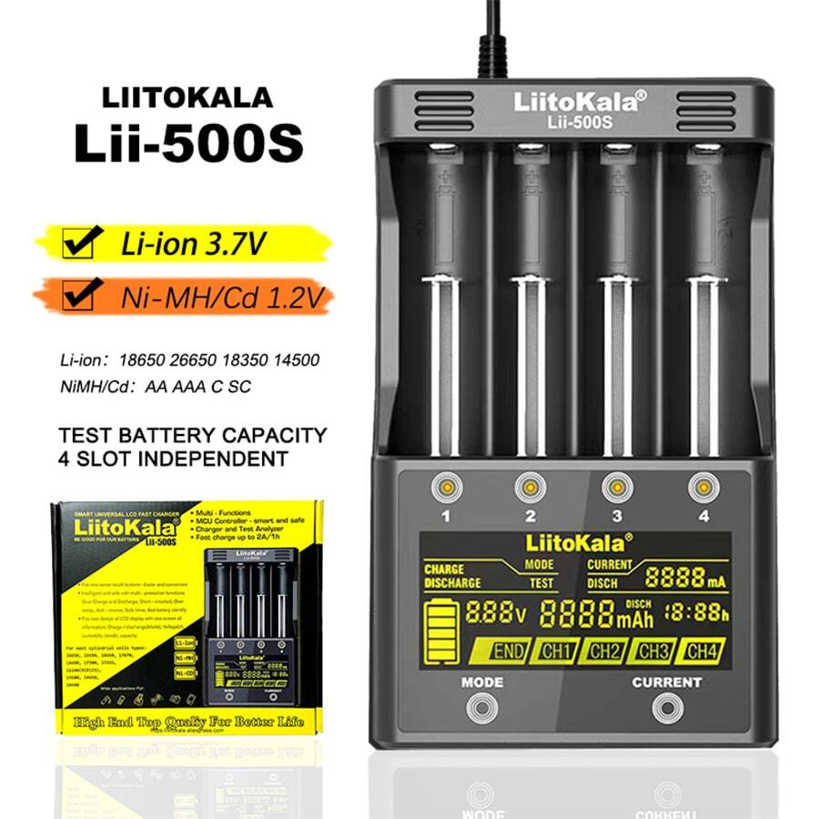 LiitoKala Lii-500S LCD Charger Can Charge 3.7V 18650 18350 18500 21700 26700 20700 14500 26650 1.2V AA AAA Nickel Hydrogen Lithium Battery With Touch Control/4-Channel Independent Charging/Battery Capacity Detection/Anti Reverse Connection/Short Circuit Protection/Overcharge Protection/Temperature Control Protection And Other Functions - EU Plug - View 1